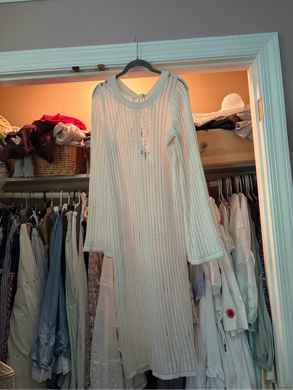 Cream Open-Knit Long Sleeve Sweater Dress - Women's